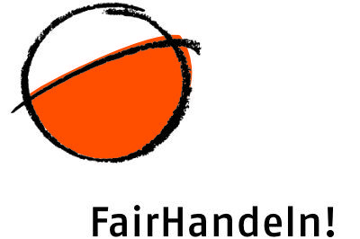 Logo von Fairhandeln: ein Kreis in Weiß und Orange mit dem Schriftzug ‚Fairhandeln‘ daneben.